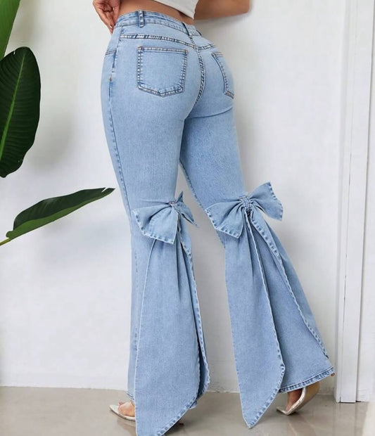 Denim Bootcut Pants With Bow Back