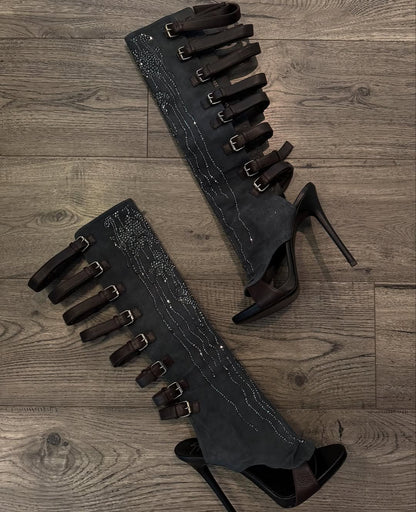 Zanotti Suede Peep Toe Buck Boots