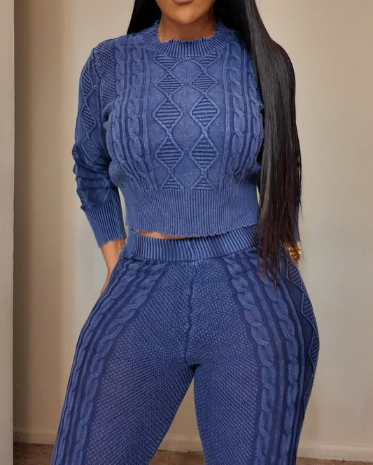 Knitted Diamond Pattern Pullover Sweater Set