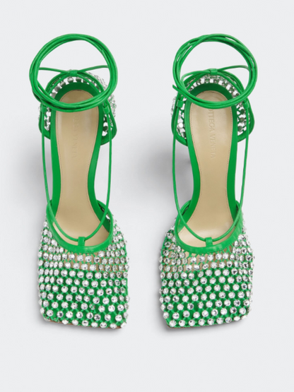Rhinestone Mesh Leather Sandals