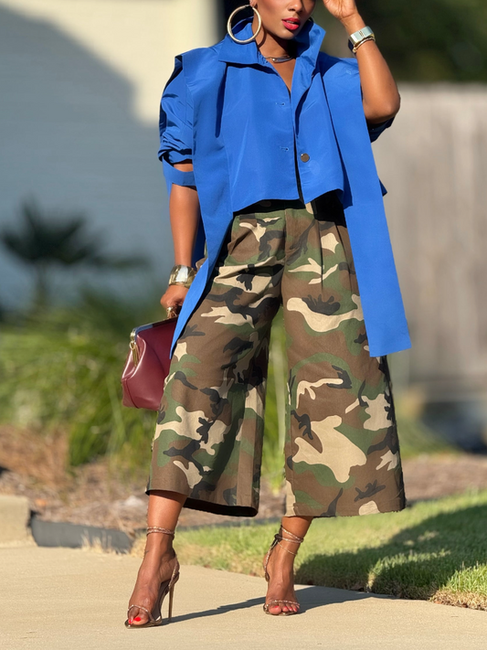 Solid Color Short Jacket & Camo Pants