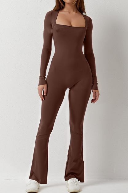 Square Neck Solid Color Long Sleeve Sports Jumpsuit