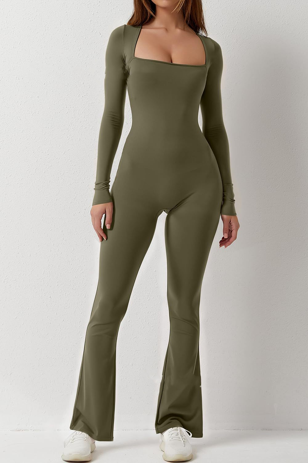 Square Neck Solid Color Long Sleeve Sports Jumpsuit