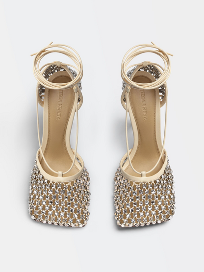 Rhinestone Mesh Leather Sandals