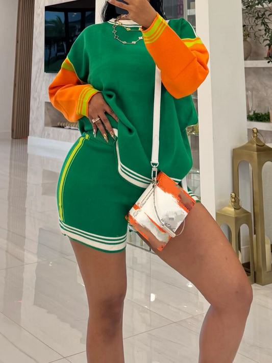 Casual Colorblock Long Sleeve Knitted Suit