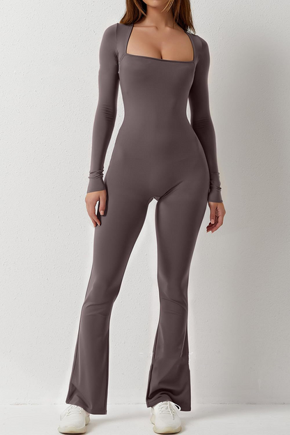 Square Neck Solid Color Long Sleeve Sports Jumpsuit