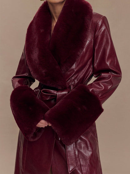 Fashion Faux Leather Trench Coat With Faux Fur