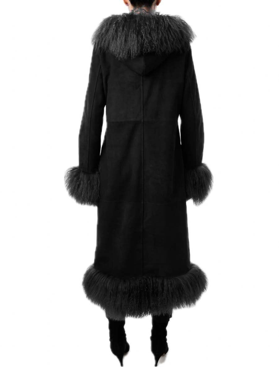 Hooded Suede Maxi Coat With Fur Trim