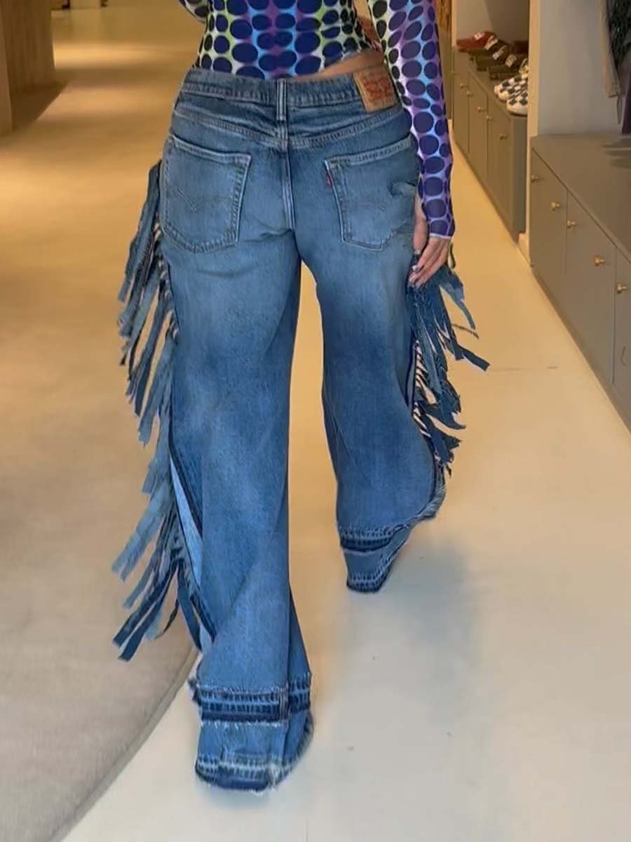 Fashion Denim Wide Leg Fringe Jeans