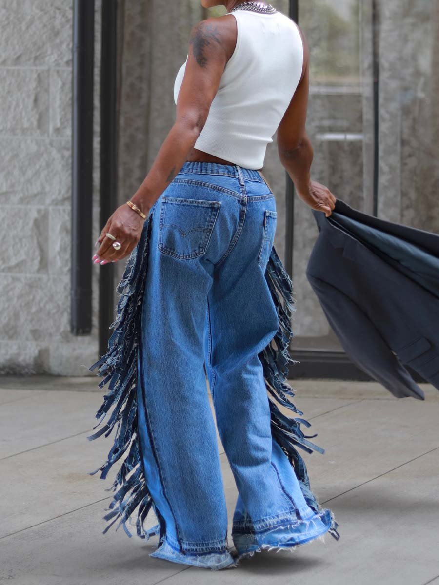 Fashion Denim Wide Leg Fringe Jeans