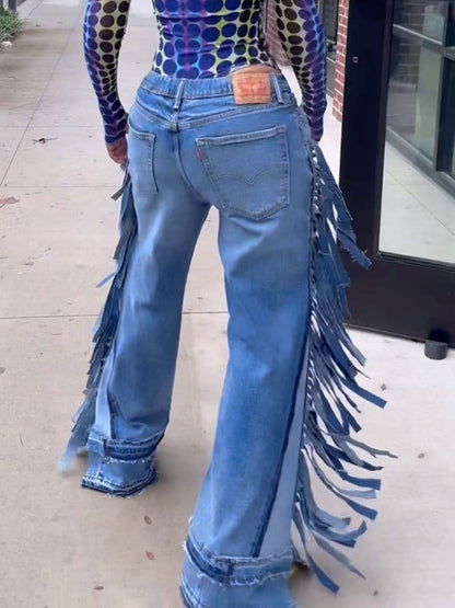 Fashion Denim Wide Leg Fringe Jeans