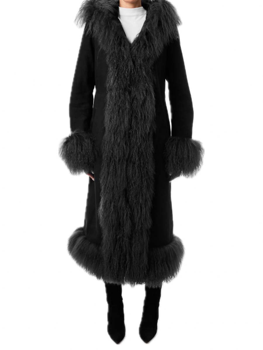 Hooded Suede Maxi Coat With Fur Trim